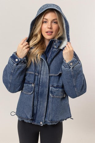 Denim Hooded Sherpa Jacket