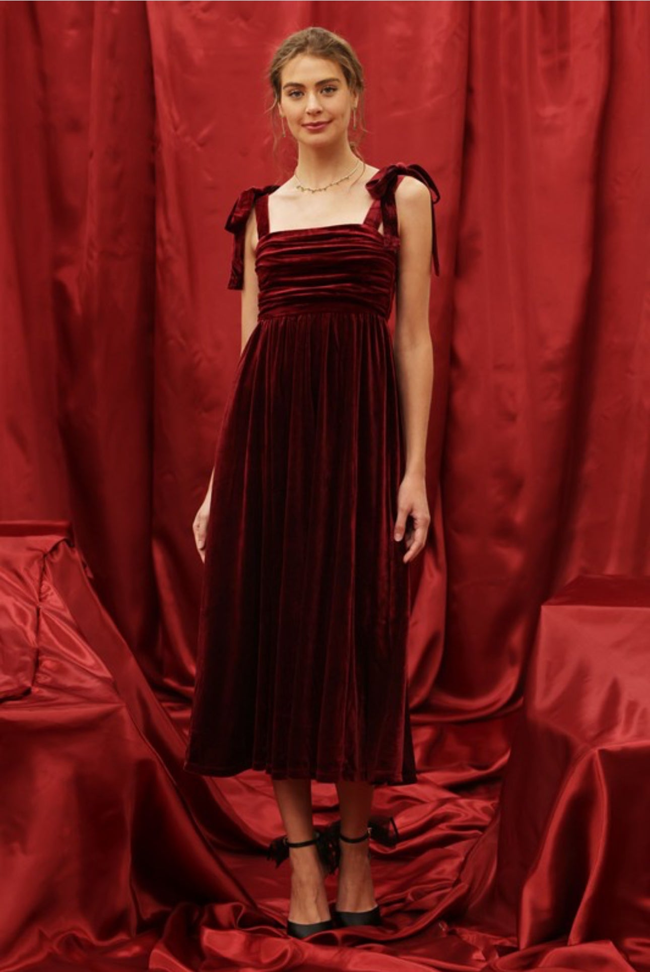 Cranberry Dreams Burgundy Velvet Bow Dress