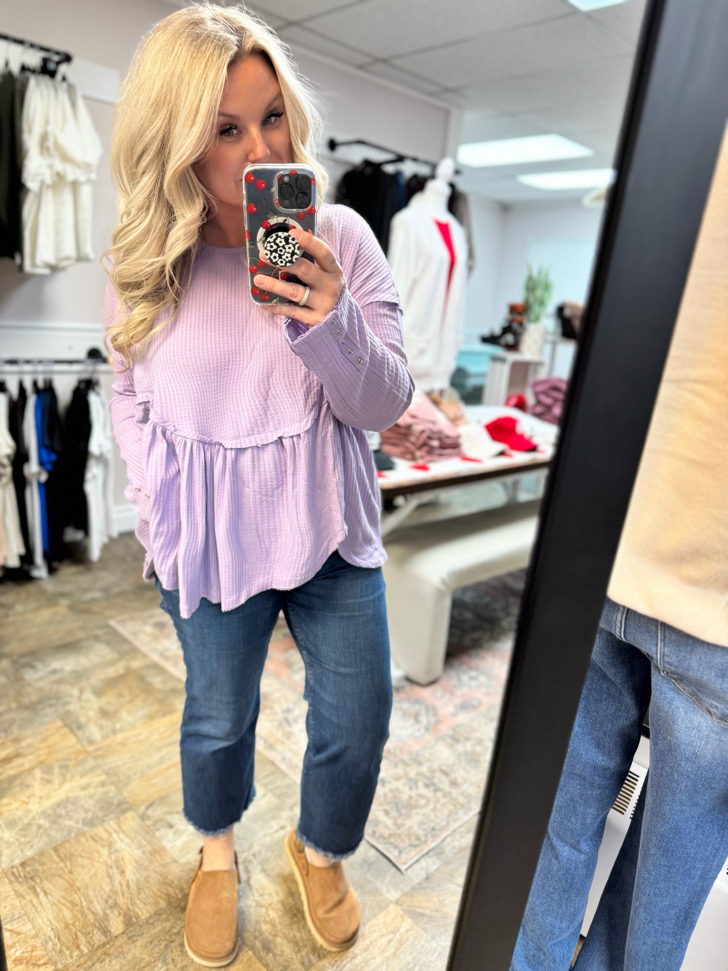 Pixie Waffle Babydoll Thermal Long Sleeve Top