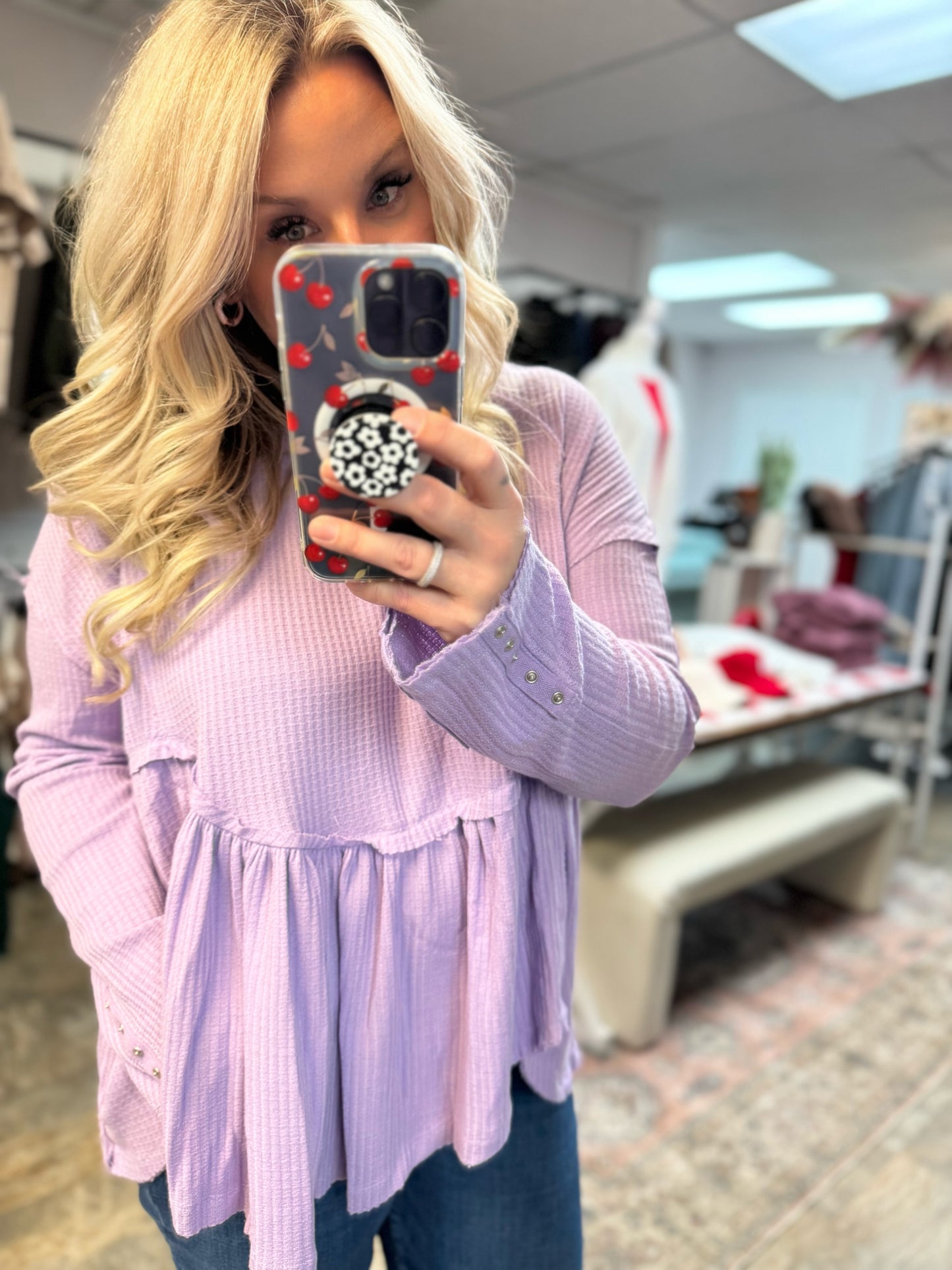 Pixie Waffle Babydoll Thermal Long Sleeve Top