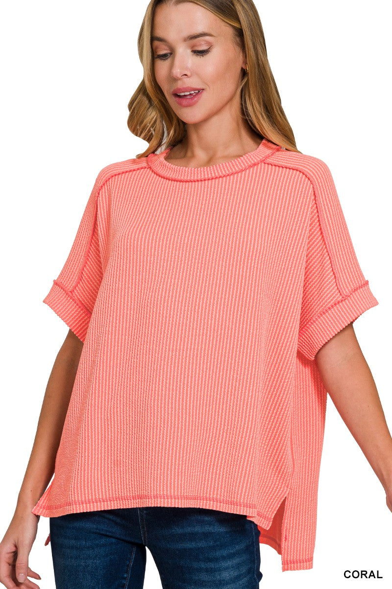 Corded Rib Short Cuff Sleeve Raw Edge Top