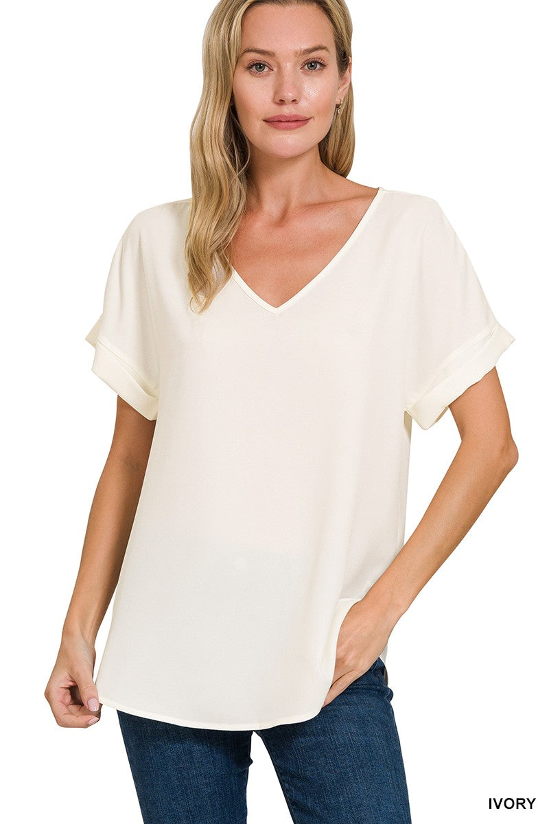 Phoenix Rolled Sleeve V-Neck Top