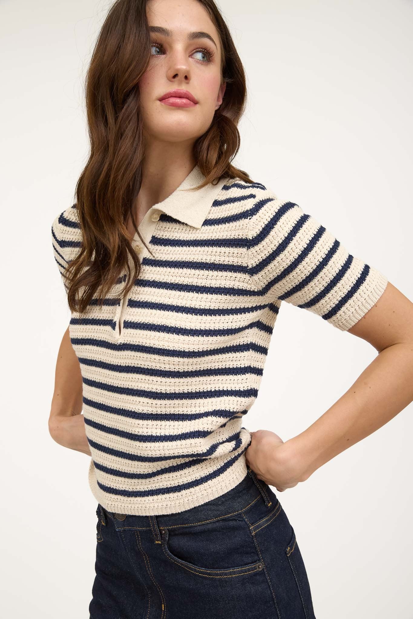 Polo Striped Collar Sweater Top