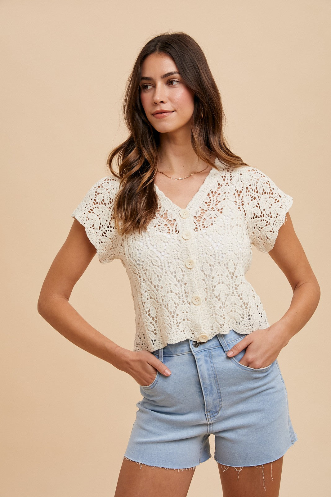 Aurora Crochet Short Sleeve Button Down Crop Cardigan