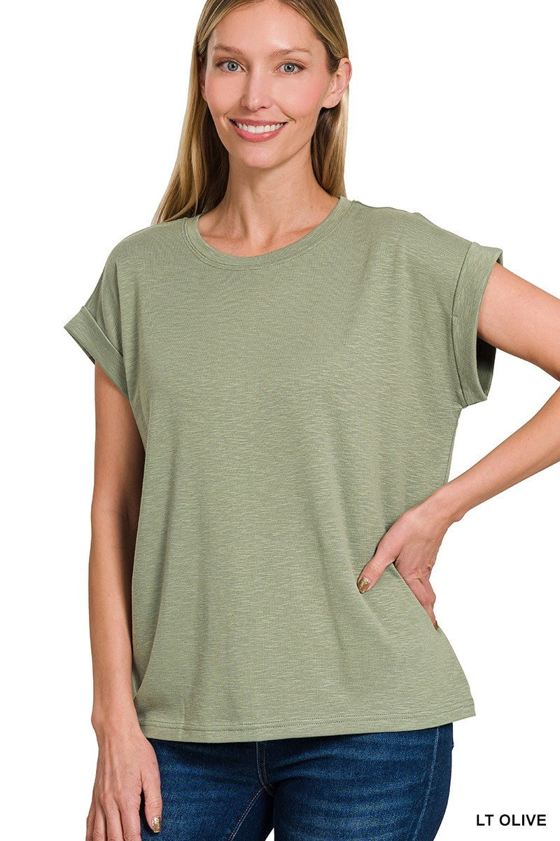 Jade Cotton Modal Slub Rolled Sleeve Tee