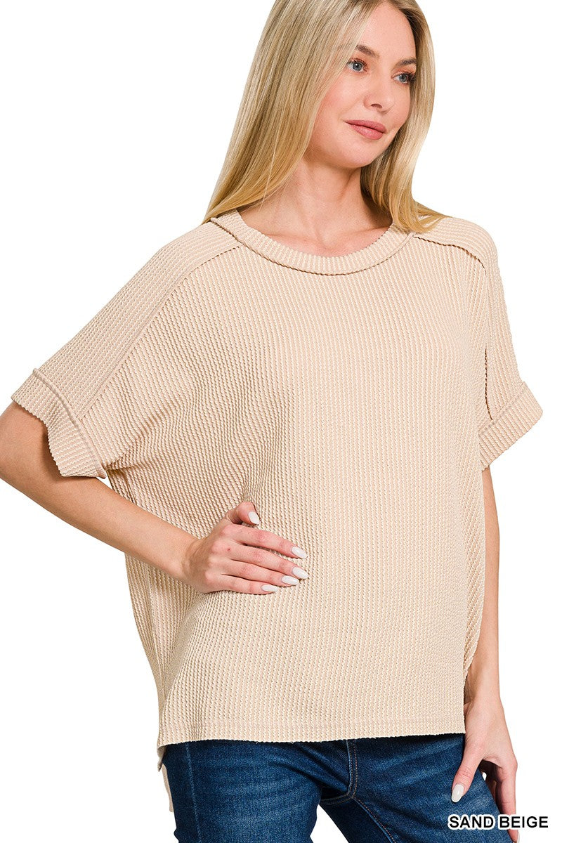 Spring Corded Ribbed Short Cuff Sleeve Top