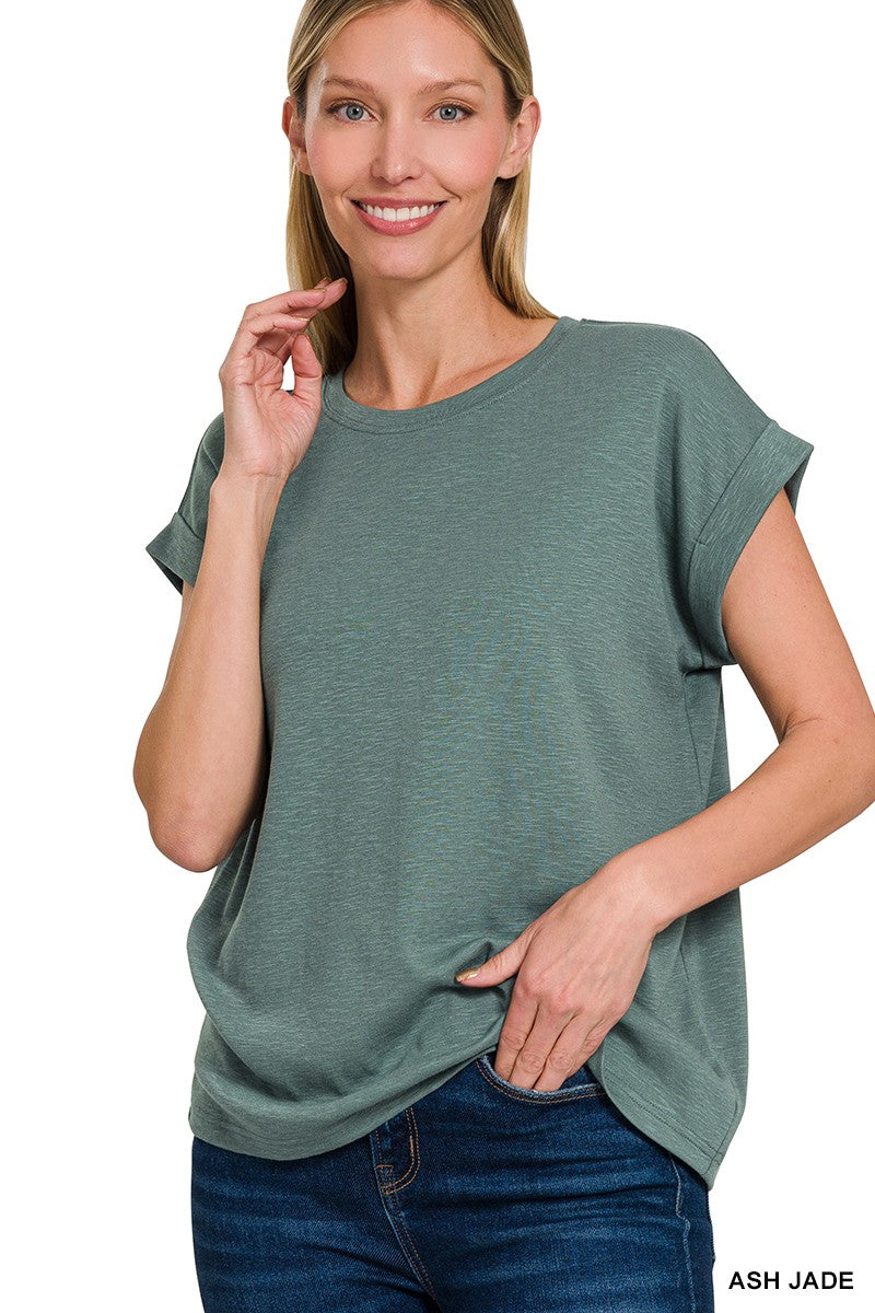 Jade Cotton Modal Slub Rolled Sleeve Tee
