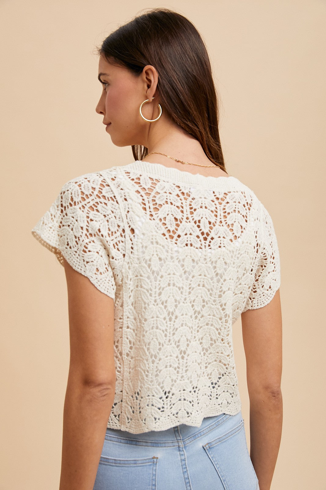 Aurora Crochet Short Sleeve Button Down Crop Cardigan