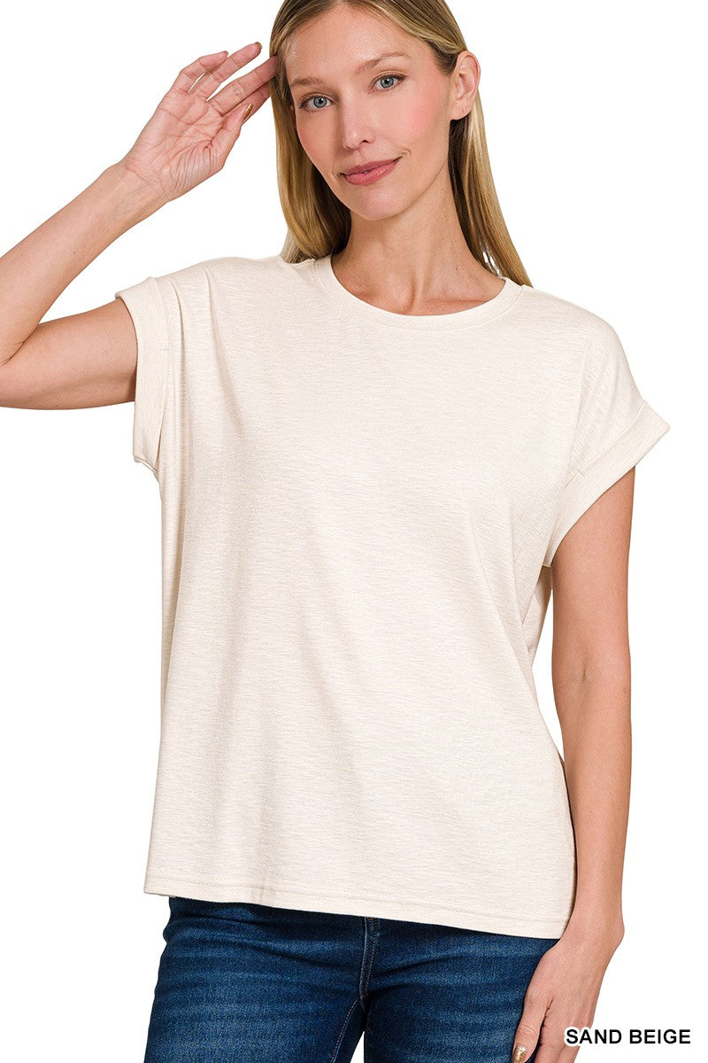 Jade Cotton Modal Slub Rolled Sleeve Tee