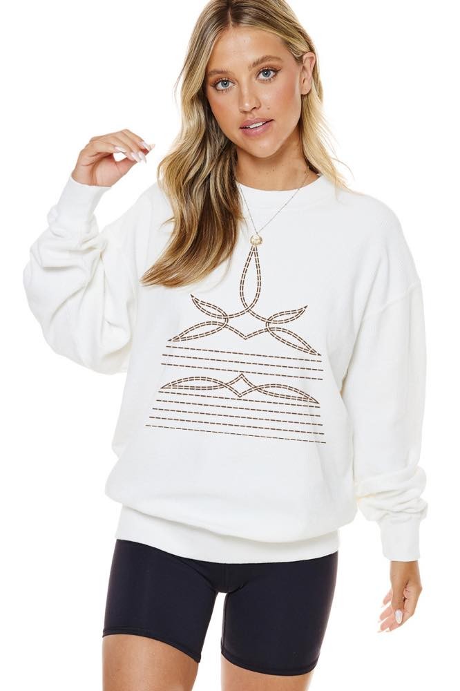Western Cowboy Boots Corduroy Graphic Crewneck