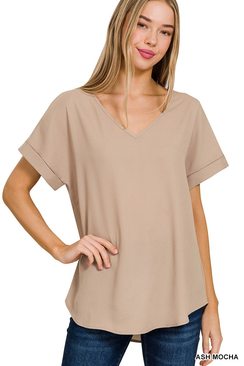 Phoenix Rolled Sleeve V-Neck Top