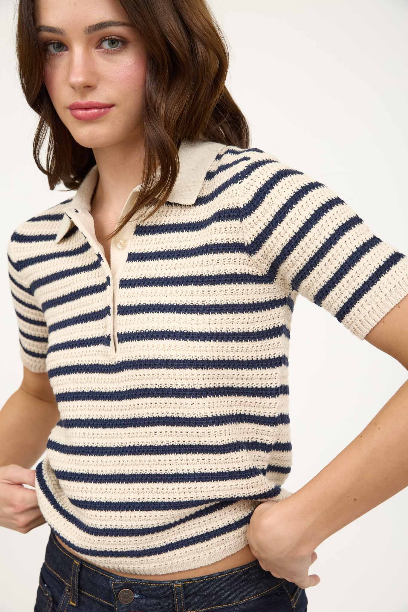 Polo Striped Collar Sweater Top