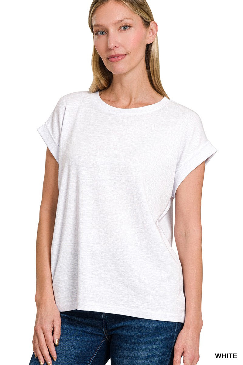 Jade Cotton Modal Slub Rolled Sleeve Tee