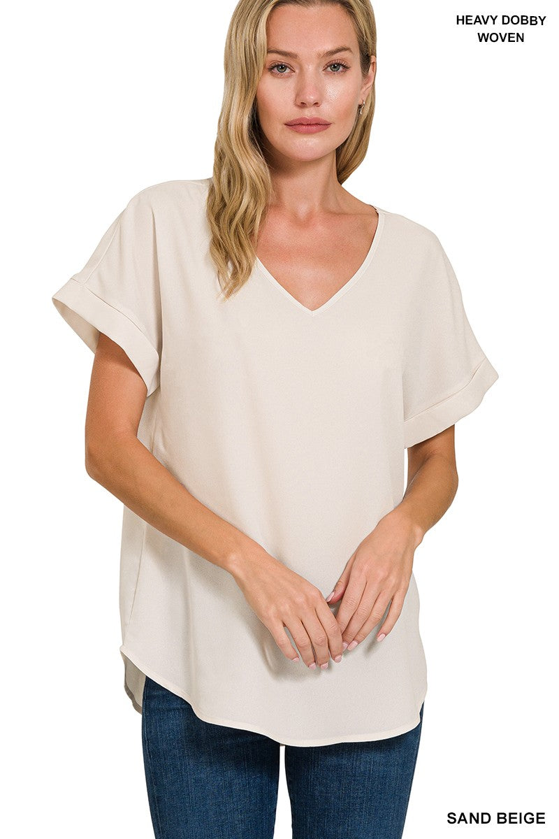 Phoenix Rolled Sleeve V-Neck Top