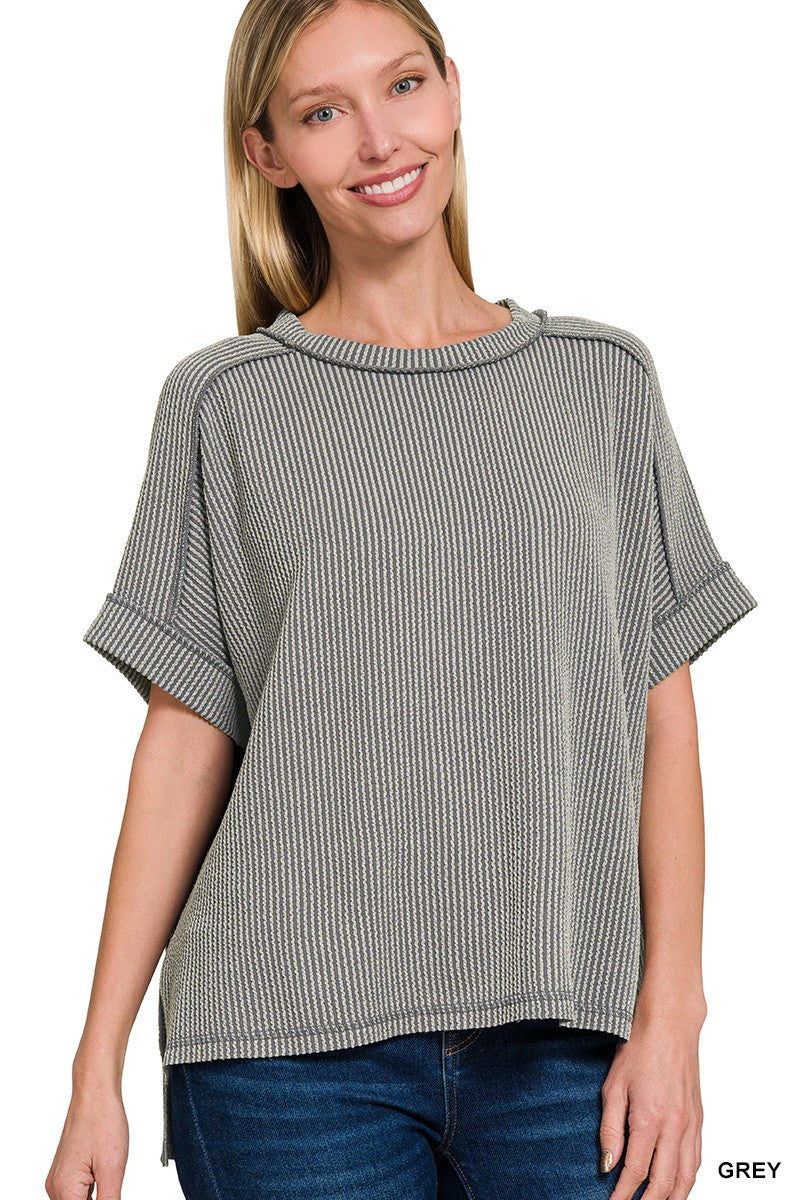 Spring Corded Ribbed Short Cuff Sleeve Top