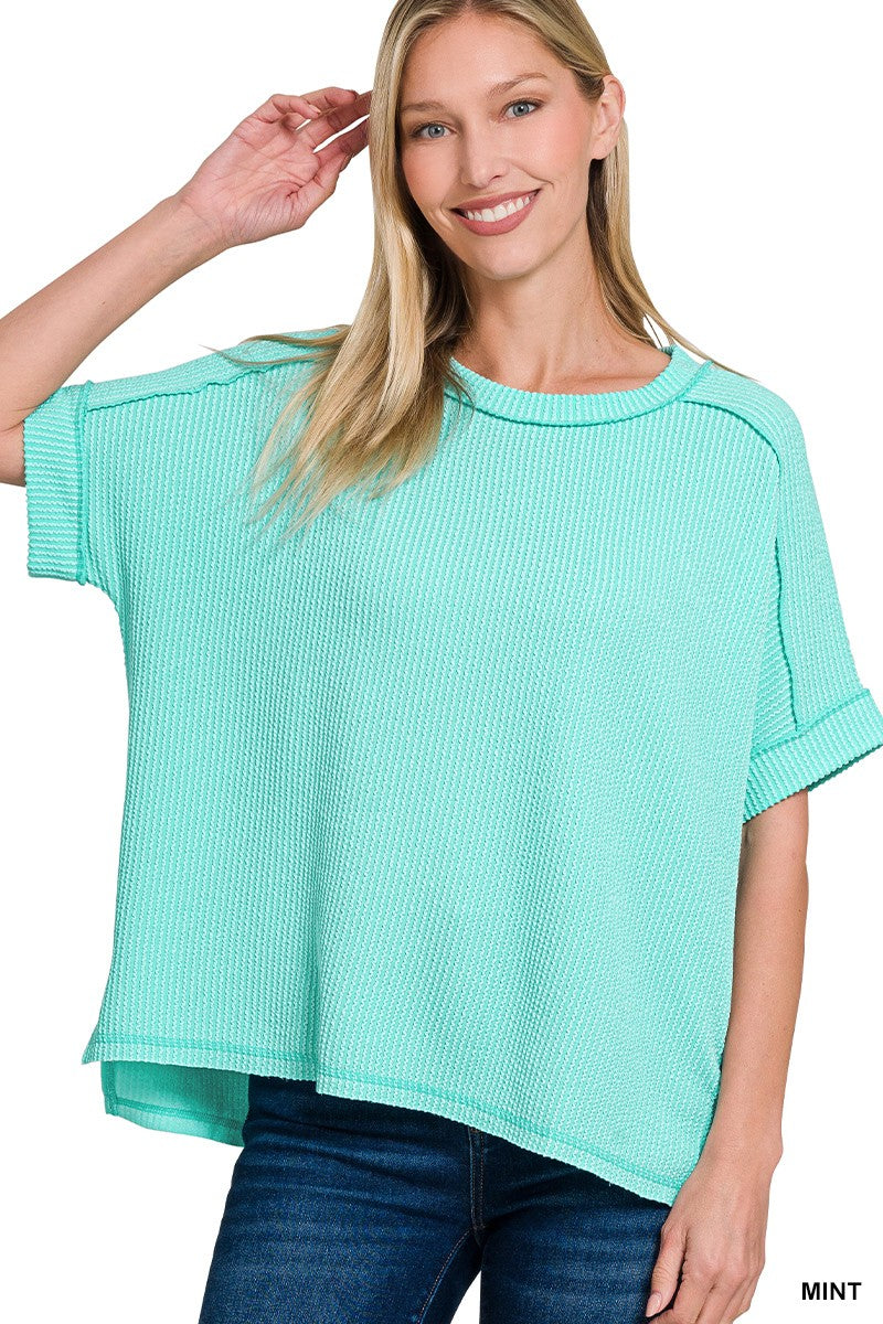 Corded Rib Short Cuff Sleeve Raw Edge Top