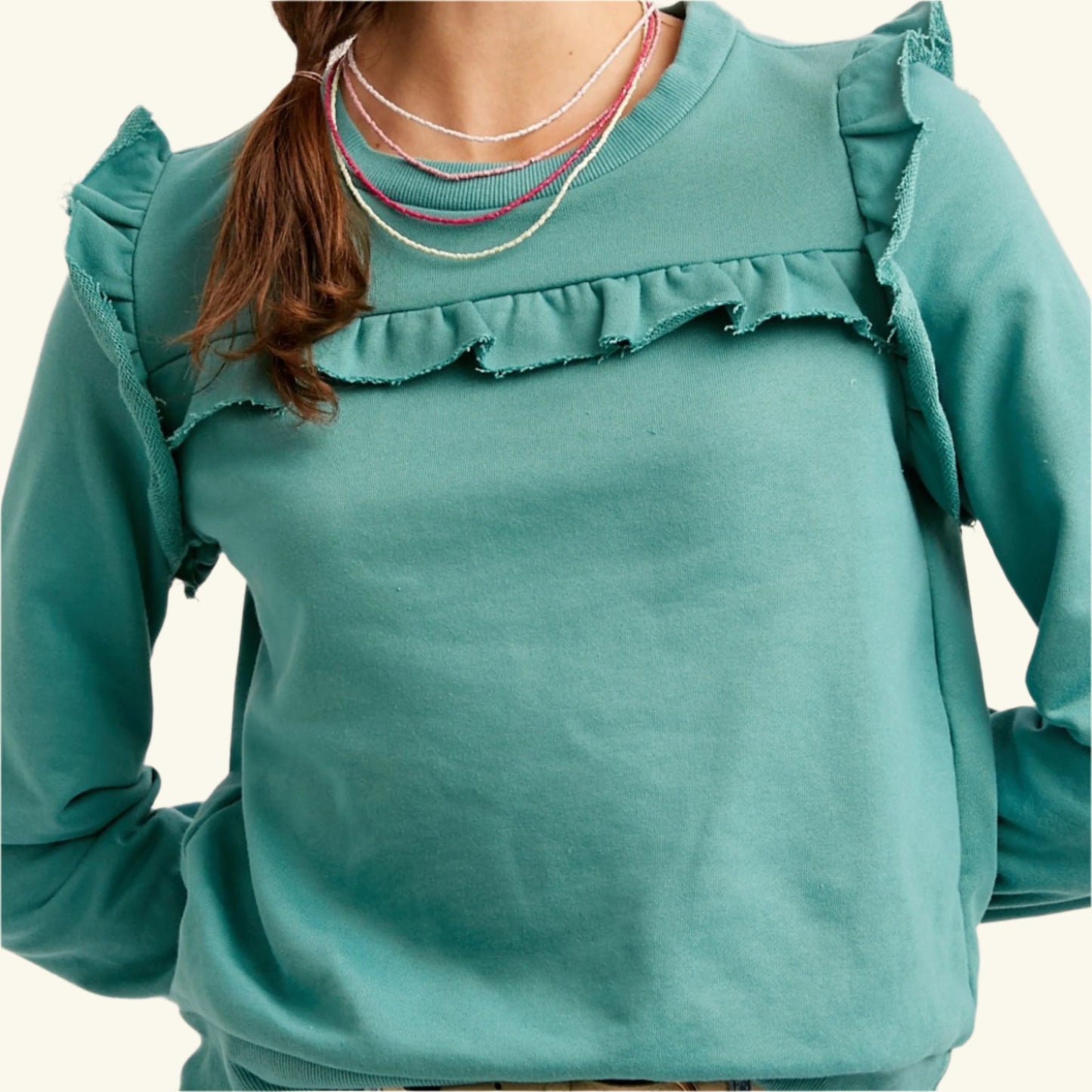 Ruffle Round Neck Sweater Top - Sage