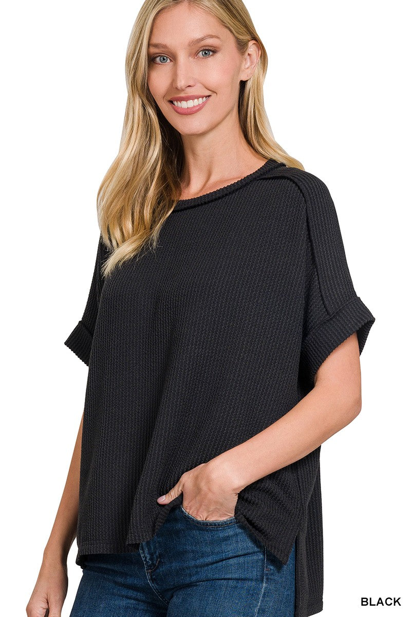 Spring Corded Ribbed Short Cuff Sleeve Top