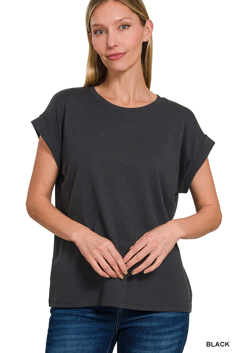 Jade Cotton Modal Slub Rolled Sleeve Tee