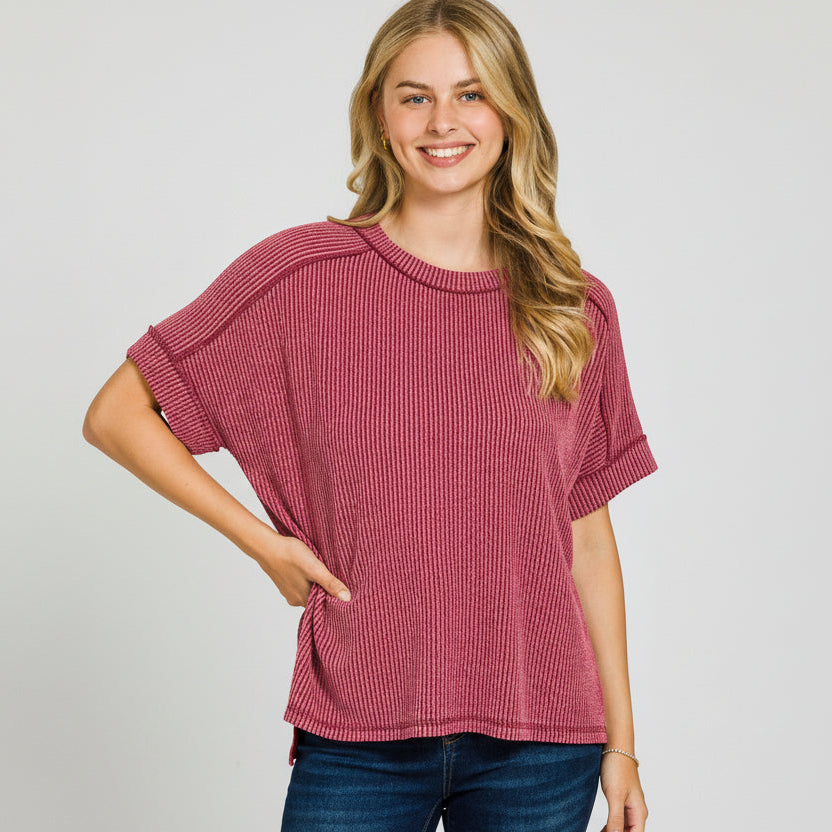 Merlot Ribbed Cuff Sleeve Top