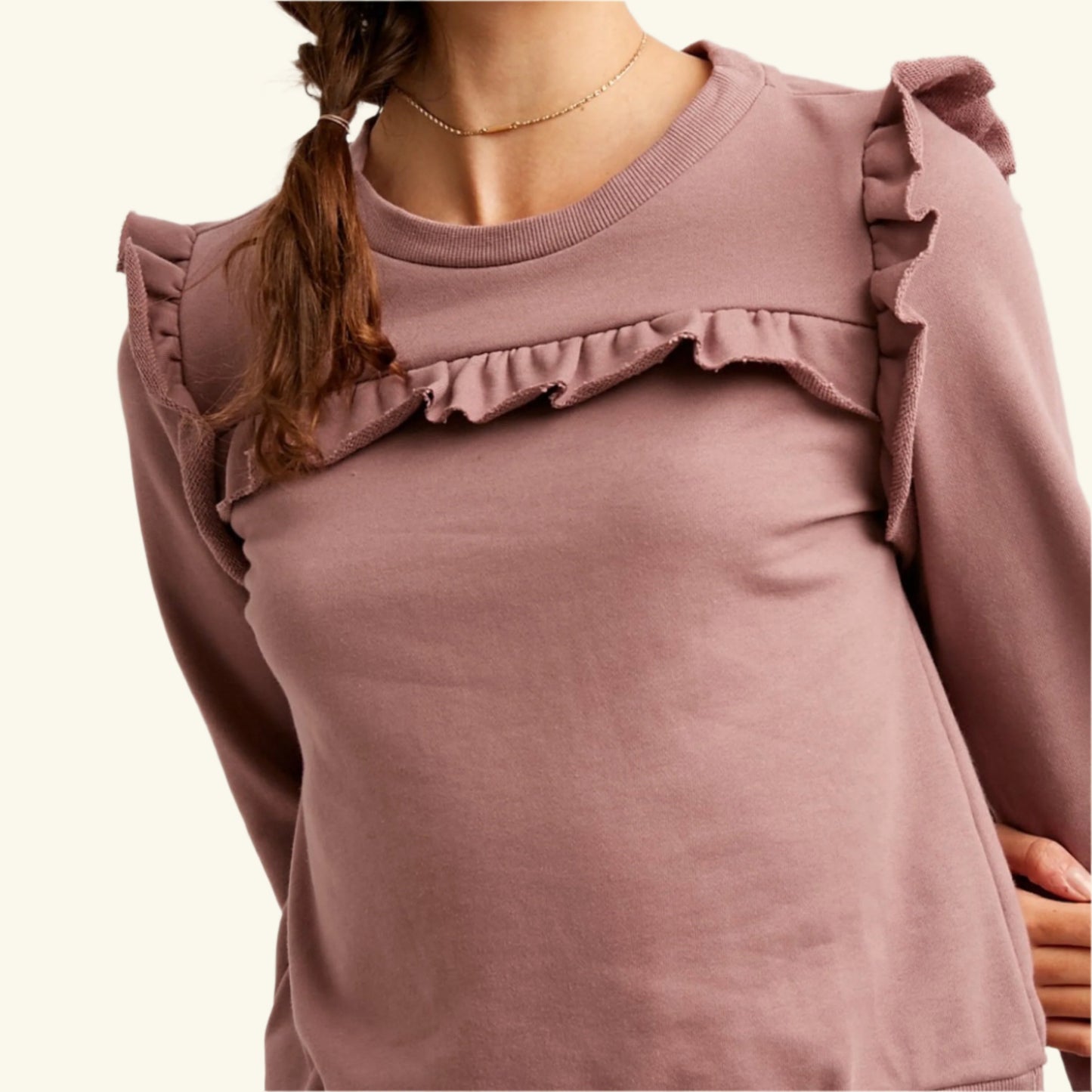 Ruffle Round Neck Sweater Top - Lavender