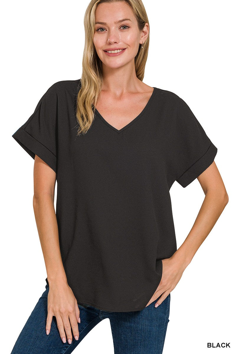 Phoenix Rolled Sleeve V-Neck Top