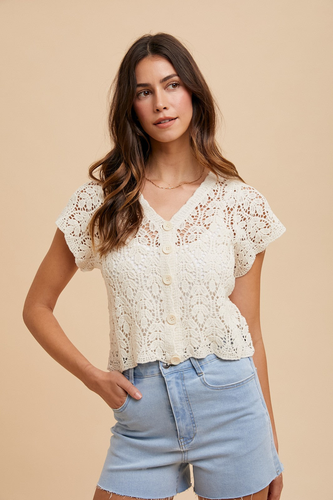 Aurora Crochet Short Sleeve Button Down Crop Cardigan