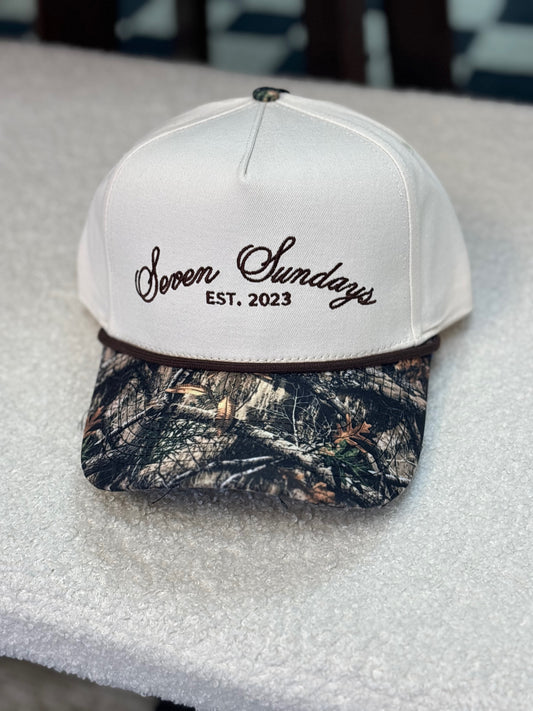 Seven Sundays Trucker Hat - White w/ Camo Beak & Brown Roping