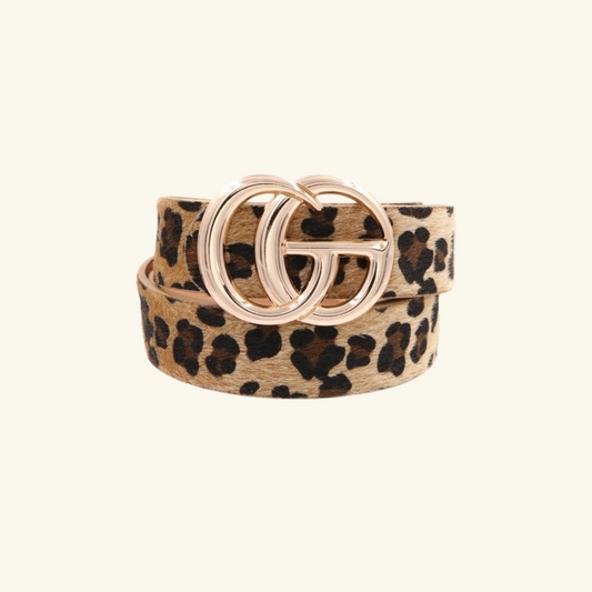 Faux fur leopard print metal ring buckle belt