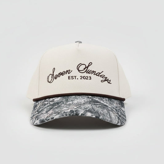 Seven Sundays Trucker Hat - White w/ Camo Beak & Brown Roping