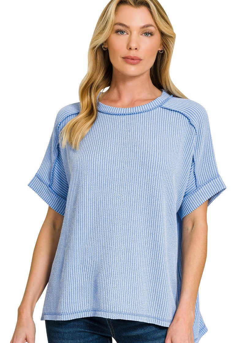 Cloud Blue Ribbed Cuff Sleeve Top