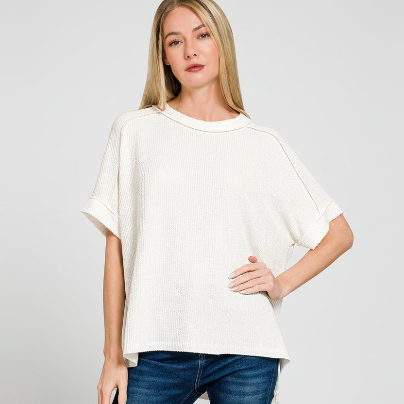 Ivory Ribbed Cuff Sleeve Top