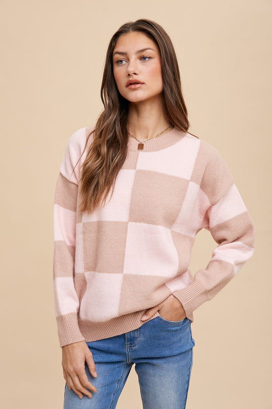 Checker Board Blush Round Neck Sweater