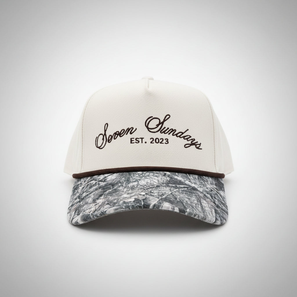Seven Sundays Trucker Hat - White w/ Camo Beak & Brown Roping