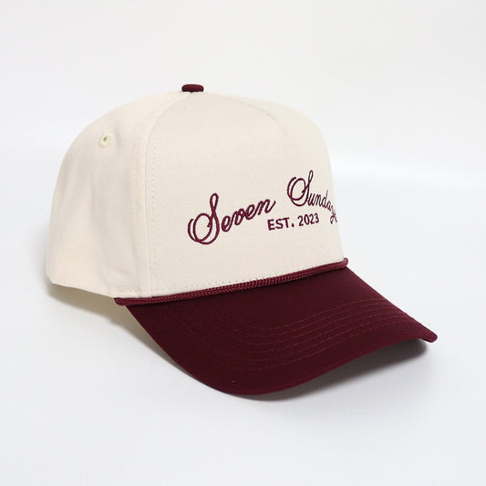 Seven Sundays Trucker Hat - White w/ Burgundy Beak & Roping