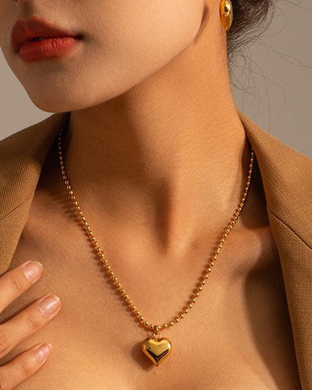 Puffy Heart Necklace - 18K Gold Dipped Stainless Steel